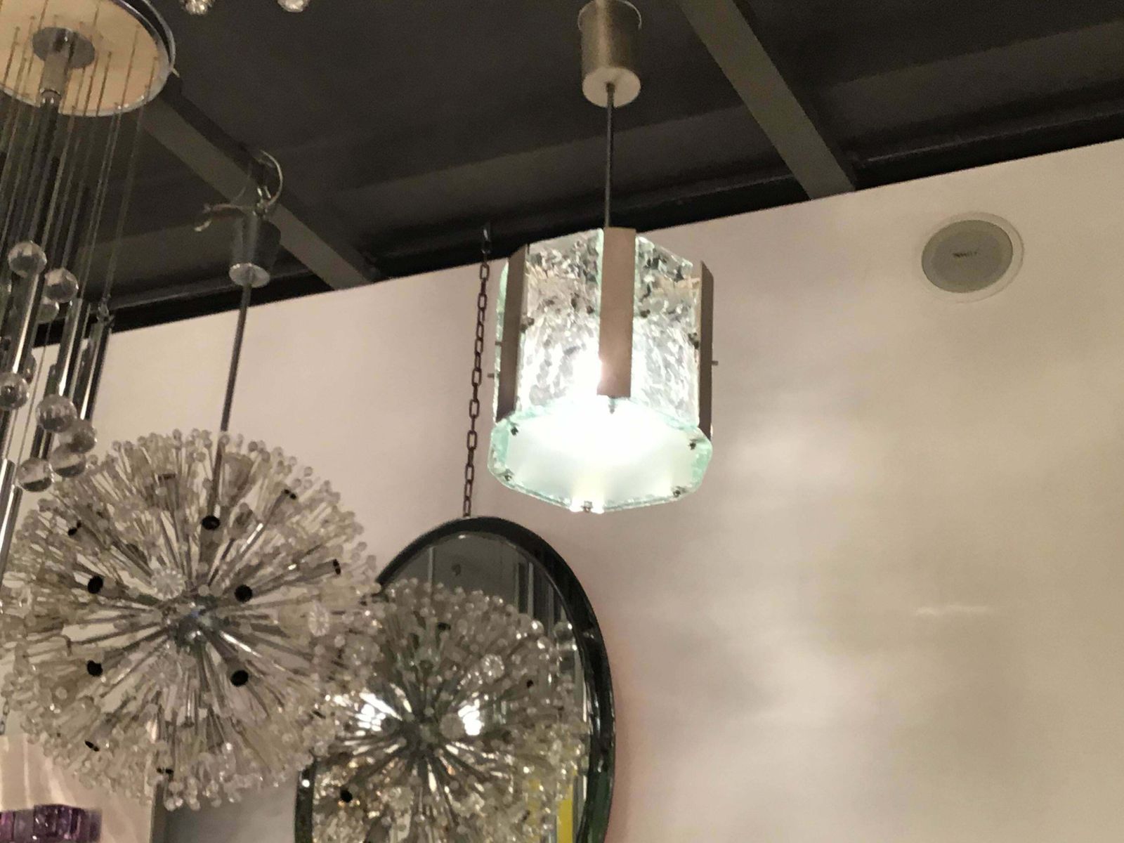 photo vinterior Max Ingrand Fontana Arte N 4 Chandeliers Metal Crome Glass 1950 Italy