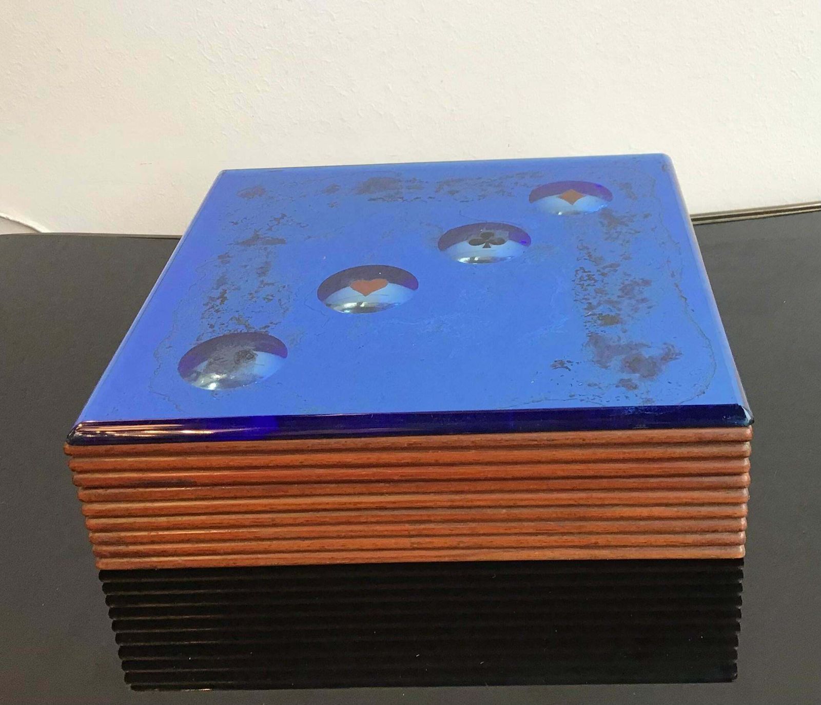 Fontana Arte Blue Mirrored Glass And Wood Game Box, 1950, Italy photo furniture