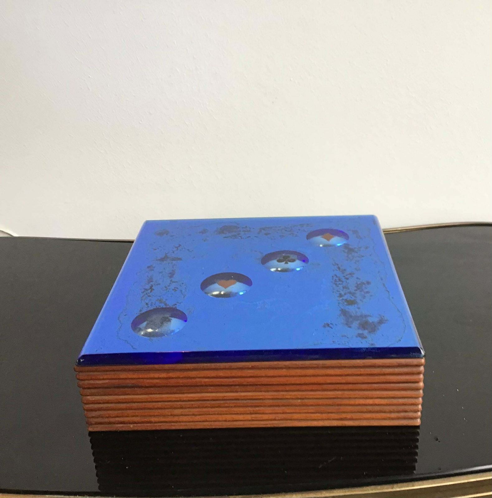 Fontana Arte Blue Mirrored Glass And Wood Game Box, 1950, Italy photo for sale