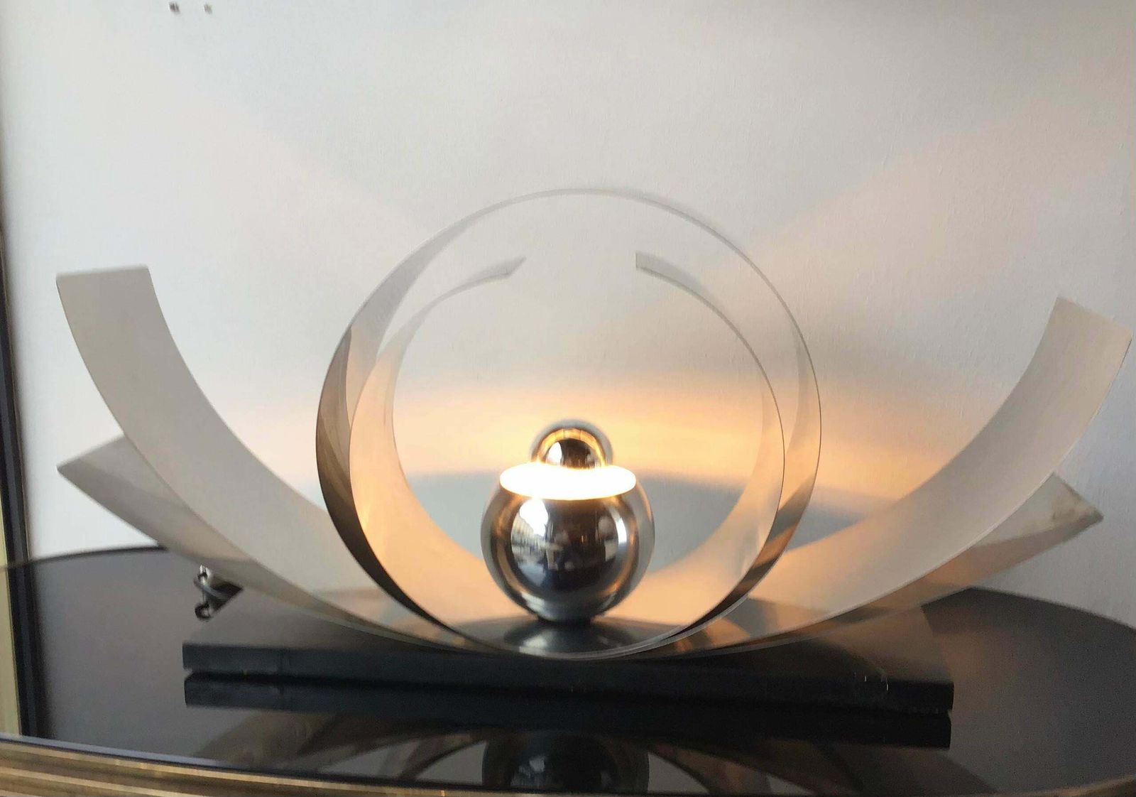 Reggiani Table Lamp Metal Crome Wood, 1970, Italy photo for sale