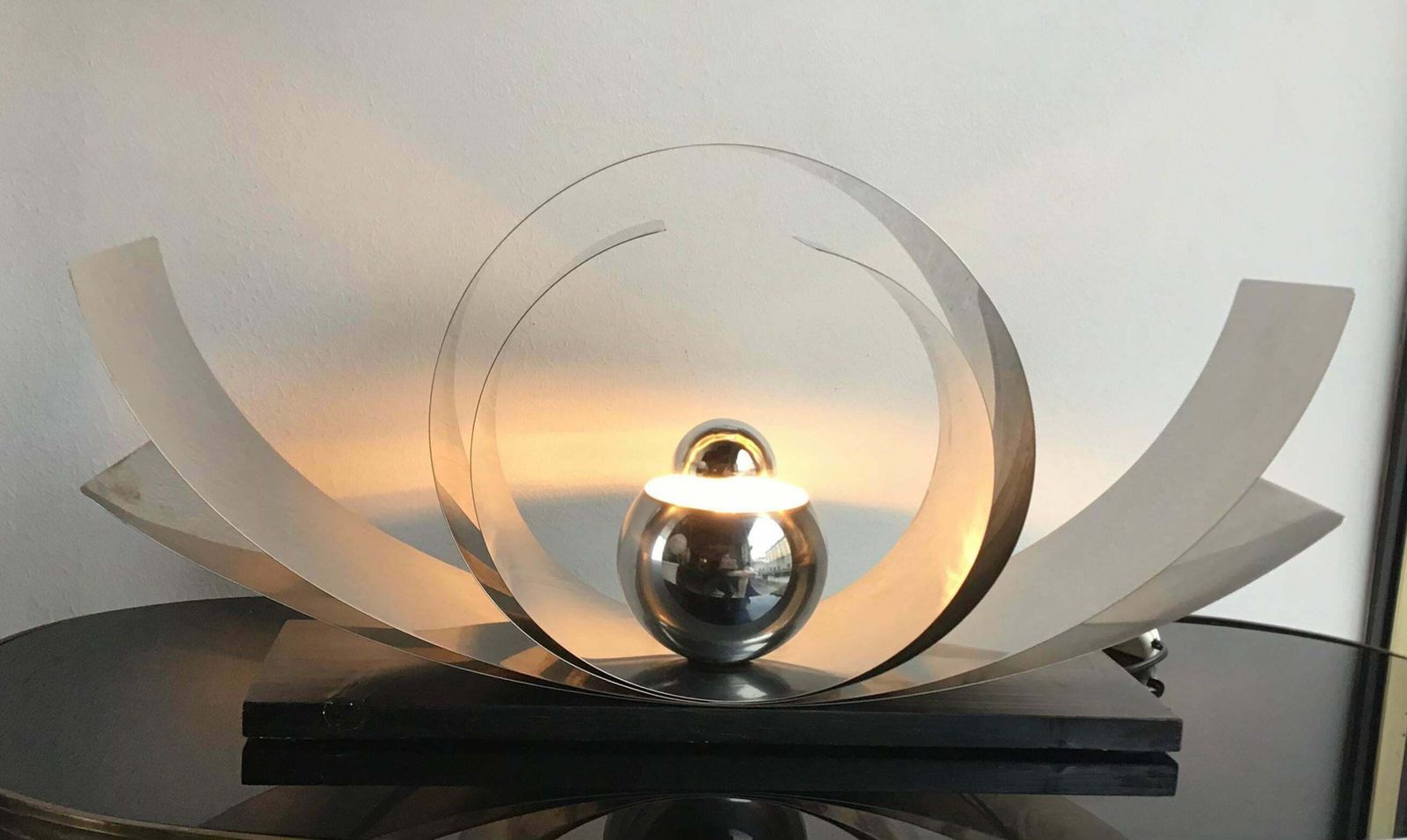 Reggiani Table Lamp Metal Crome Wood, 1970, Italy photo vinterior