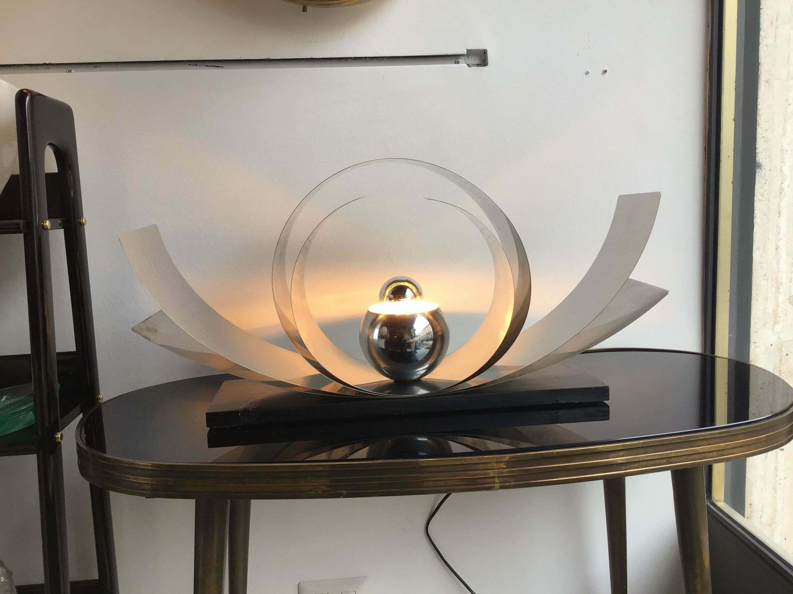 Reggiani Table Lamp Metal Crome Wood, 1970, Italy photo vintage