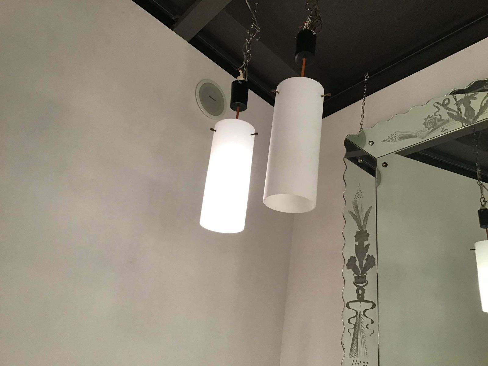 Stilnovo Chandeliers White Glass Brass Plastic 1960 Italy photo furniture