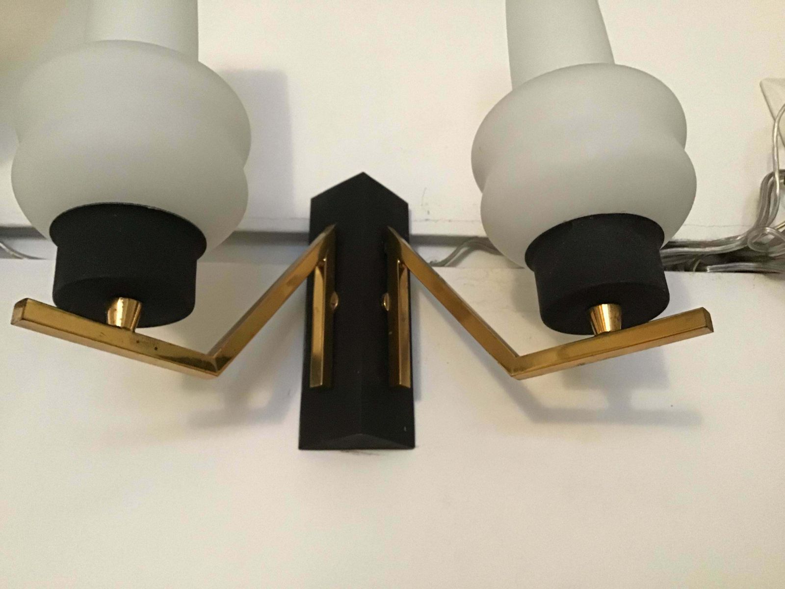 Couple Sconces Italia Brass Iron, White Opal Glass, Attrib To Stilnovo, C 1960s photo vintage