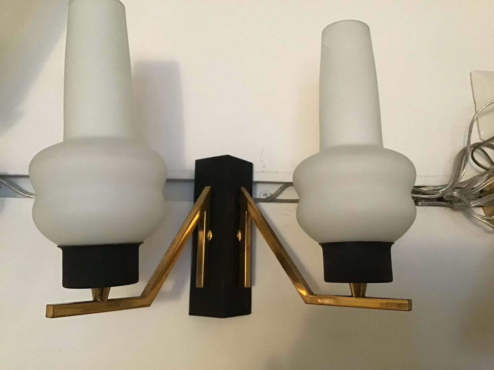 photo furniture Couple Sconces Italia Brass Iron, White Opal Glass, Attrib To Stilnovo, C 1960s