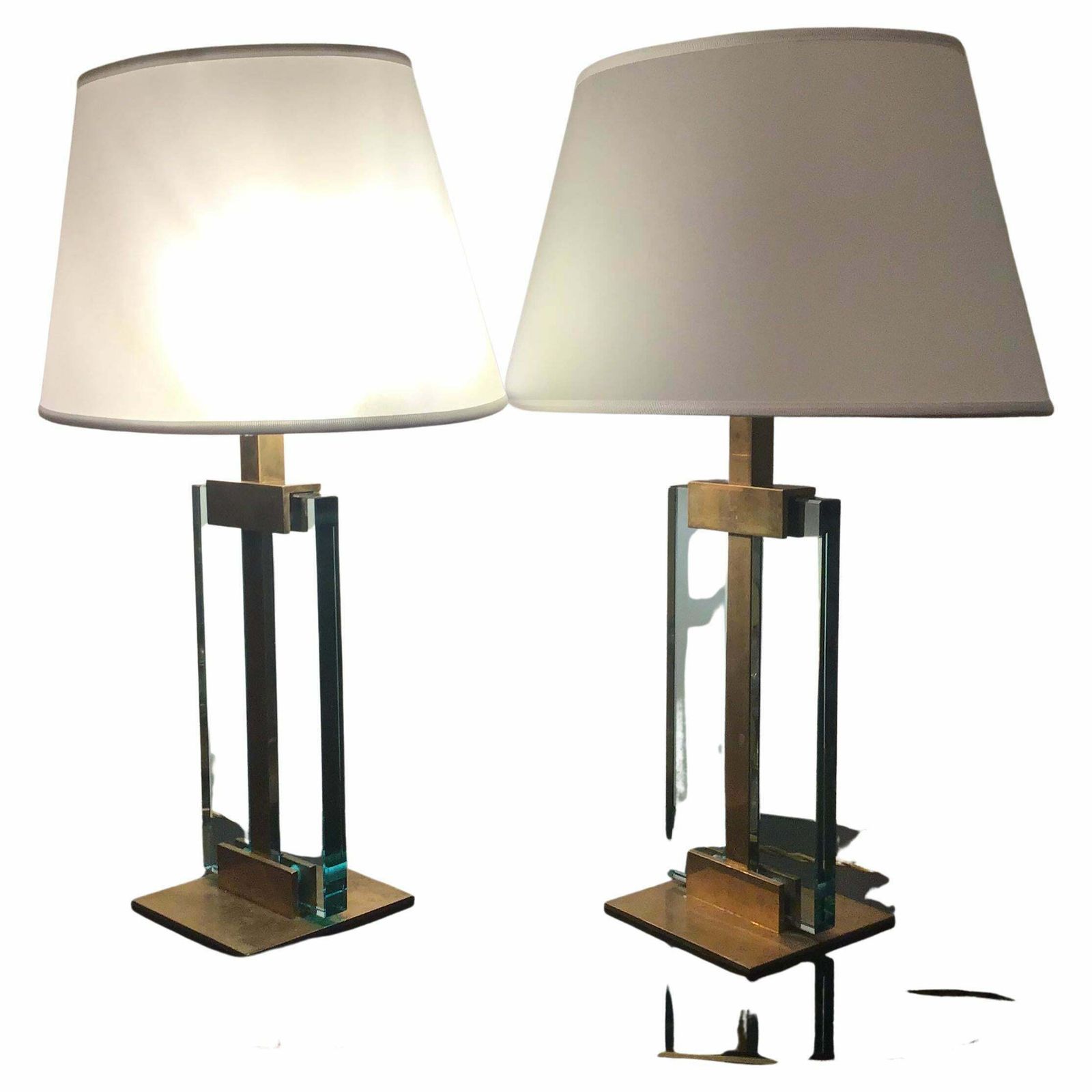Fontana Arte Table Lamps Brass Glass Fabric Lampshade, 1950, Italy