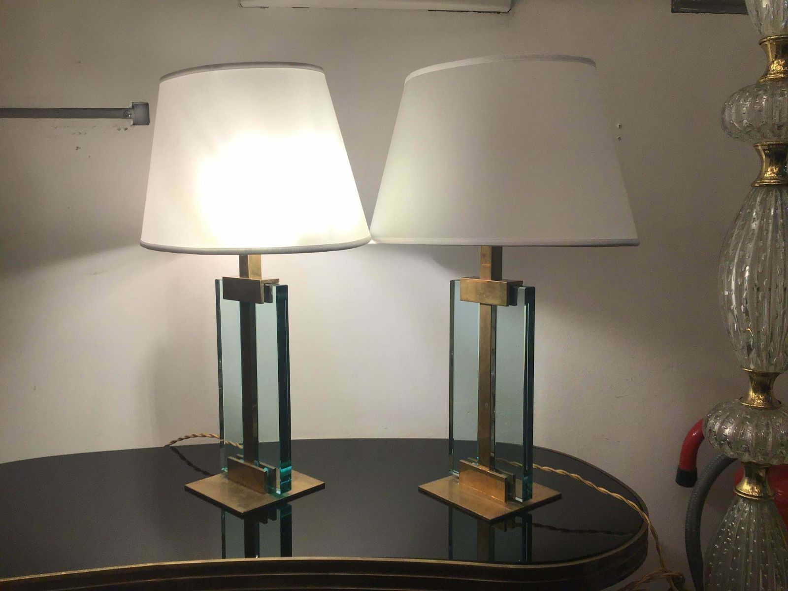 Fontana Arte Table Lamps Brass Glass Fabric Lampshade, 1950, Italy photo 3978.0