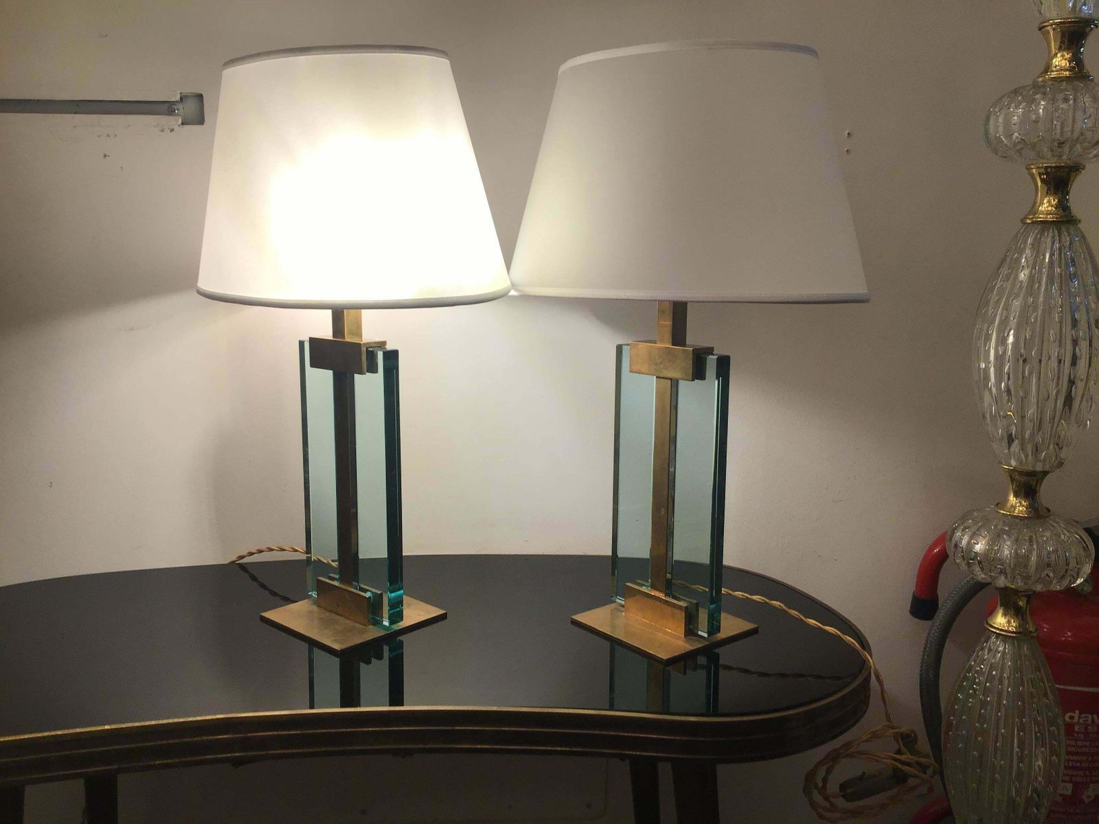 photo furniture Fontana Arte Table Lamps Brass Glass Fabric Lampshade, 1950, Italy