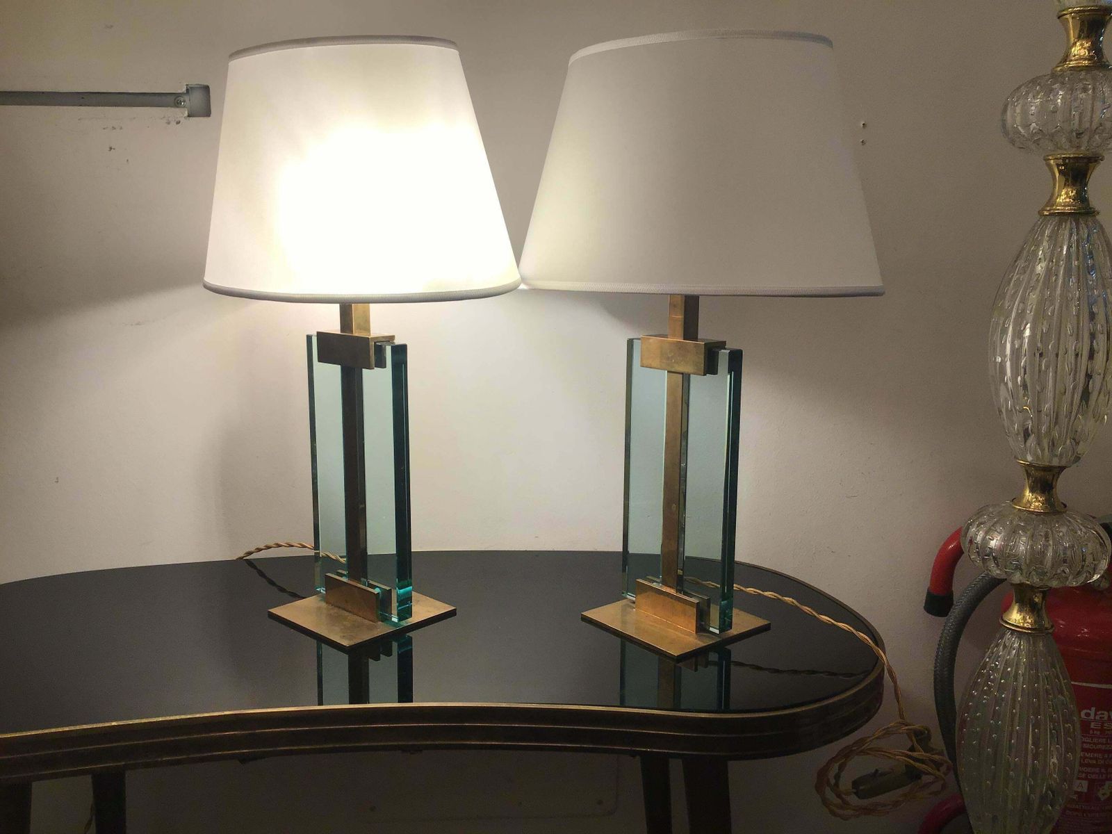 photo for sale Fontana Arte Table Lamps Brass Glass Fabric Lampshade, 1950, Italy