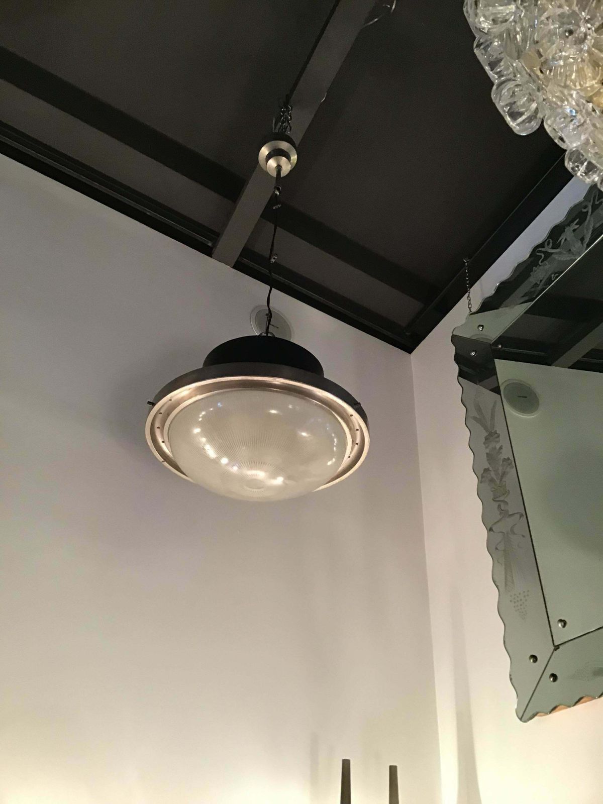 Artemide Sergio Mazza Chandelier “Tau” 1960 Iron Stamp Glass Lacquered Aluminium photo vinterior