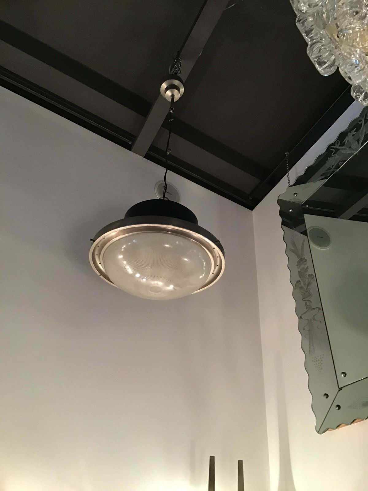 photo for sale Artemide Sergio Mazza Chandelier “Tau” 1960 Iron Stamp Glass Lacquered Aluminium