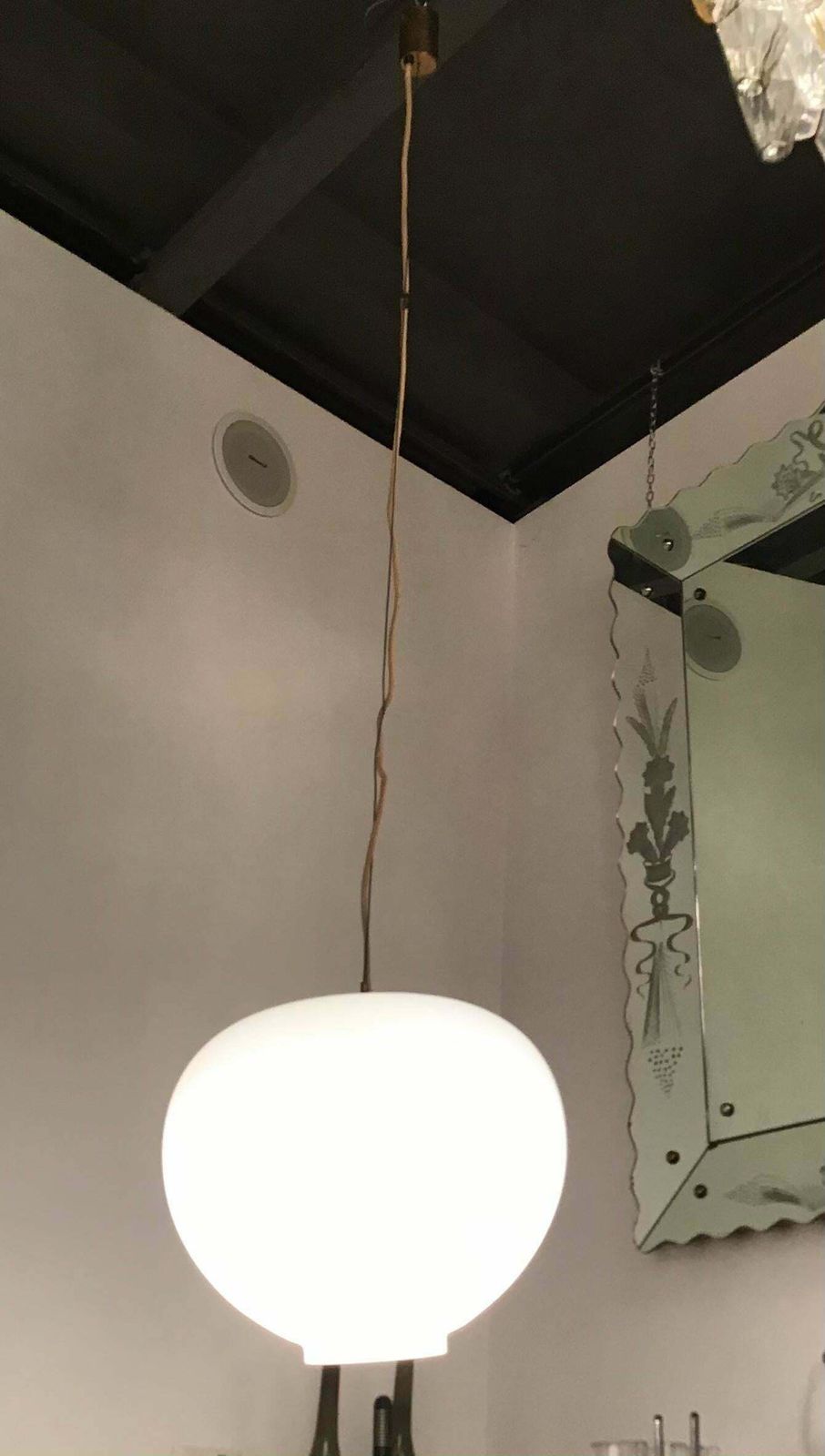 Stilnovo Chandelier Opaline Glass Brass Height Adjustable 1950 Italy photo for sale