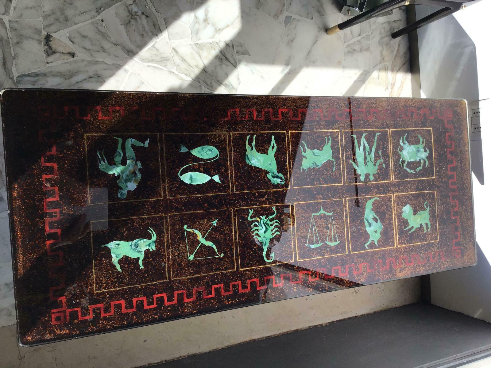 Furniture Coffee Table “Zodiac” Iron Glass, 1950, Italy photo