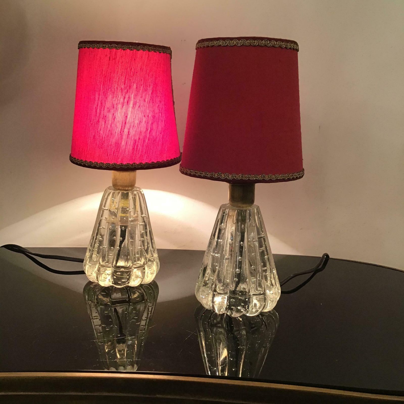 Barovier E Toso Table Lamps Murano Glass Brass Fabric Lampshade 1940 Italy photo for sale