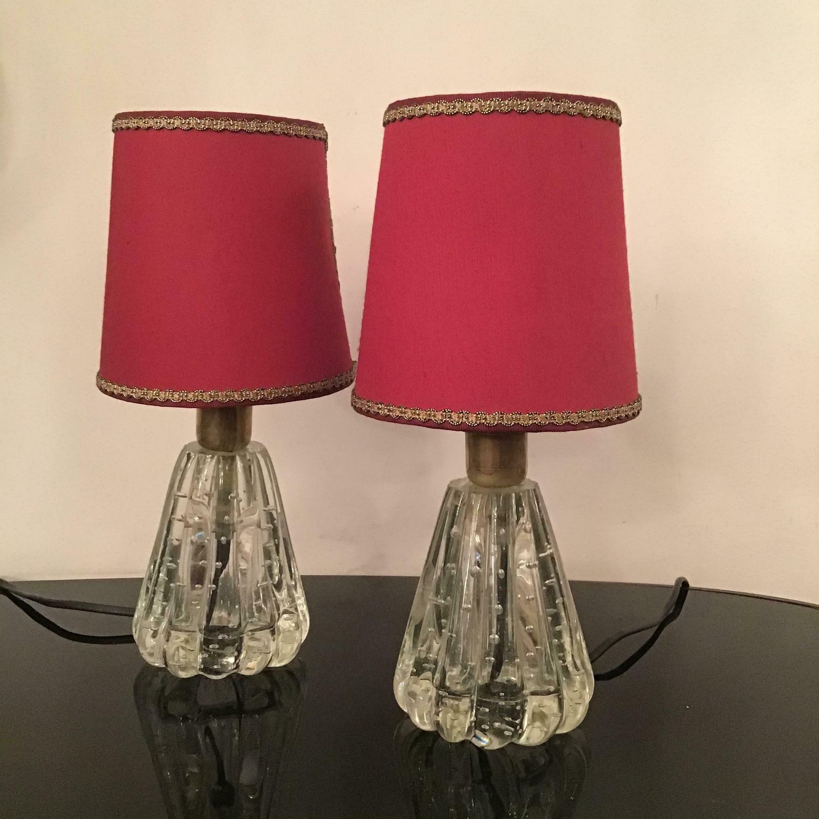 1989.0 Barovier E Toso Table Lamps Murano Glass Brass Fabric Lampshade 1940 Italy photo