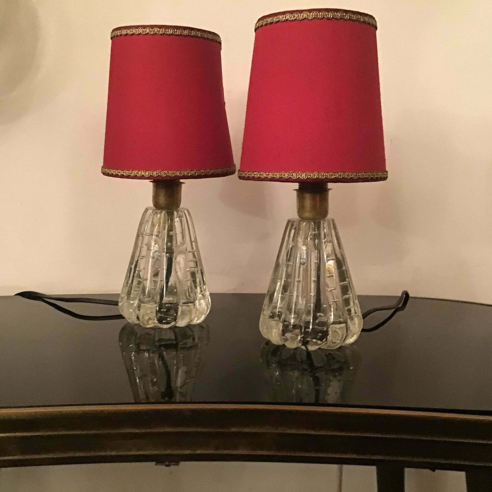 photo vinterior Barovier E Toso Table Lamps Murano Glass Brass Fabric Lampshade 1940 Italy