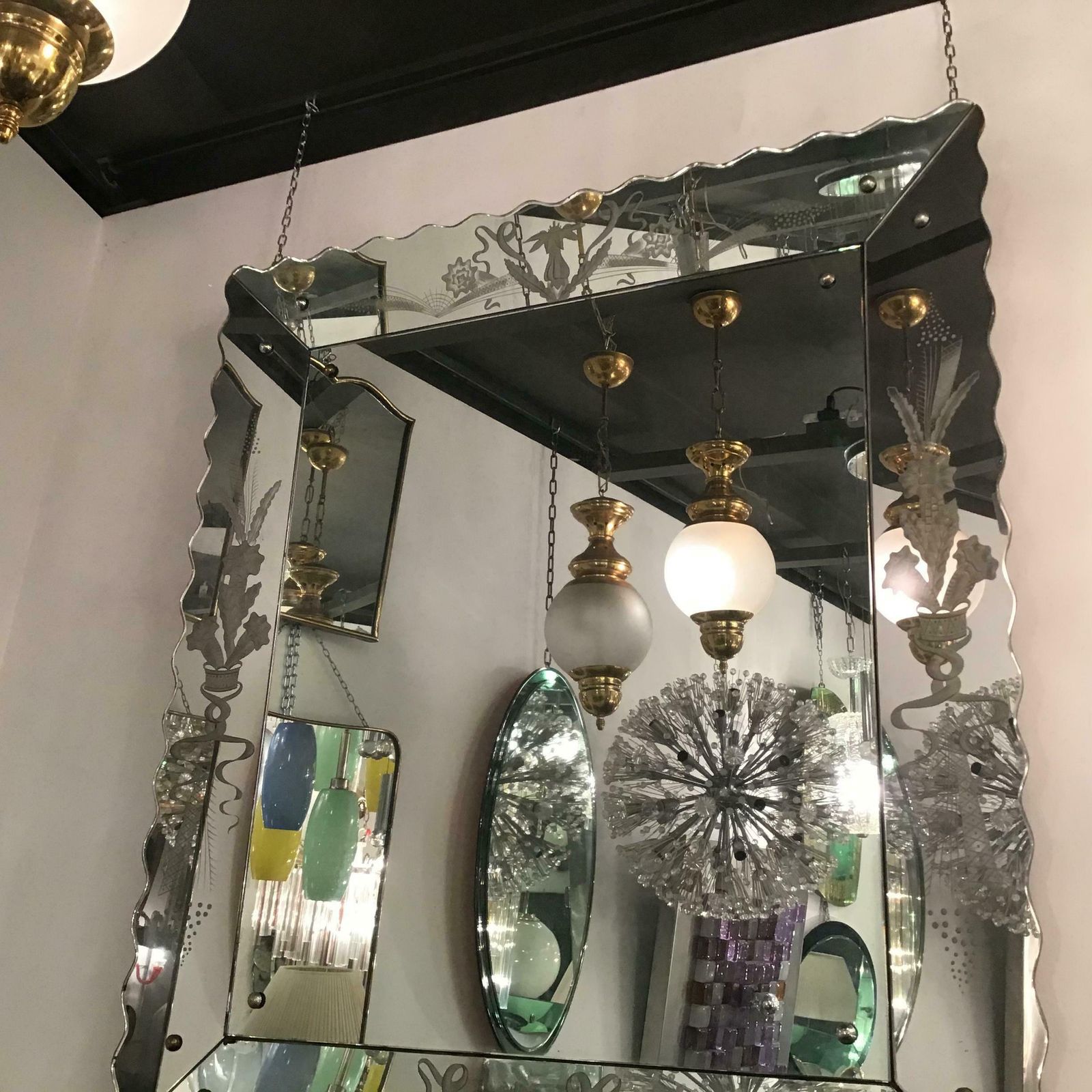 photo for sale Azucena Luigi Caccia Dominioni Couple Chandelier Brass Glass 1950 Italy