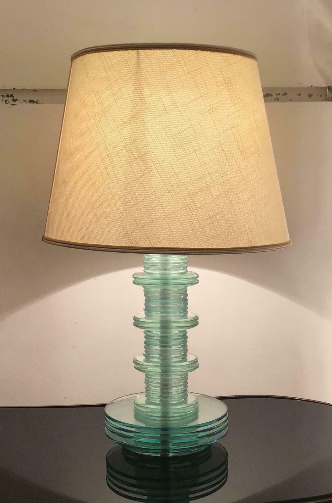 Cristal Art Table Lamp Glass Iron Fabric Lampshade, 1960, Italy photo vinterior