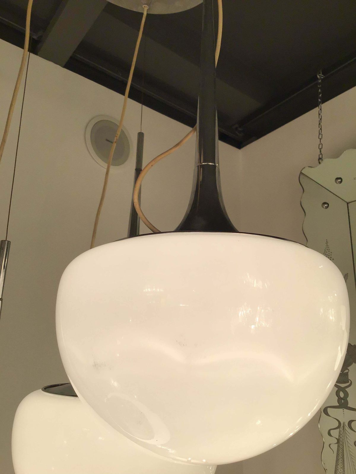 Reggiani Chandelier Chrome Metal Opal Glass Italia 1970 photo buy