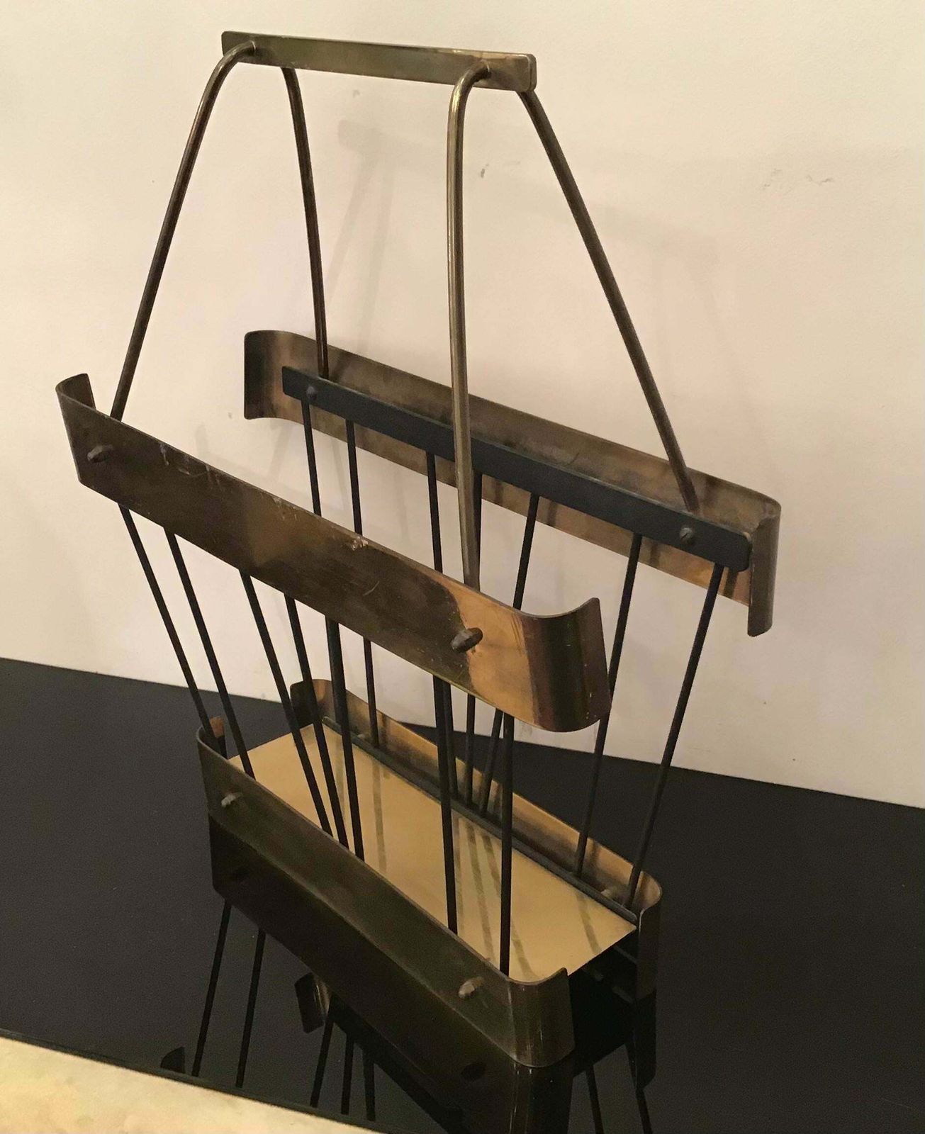 Romeo Rega Brass Iron Magazine Rack 1970 Italy photo for sale