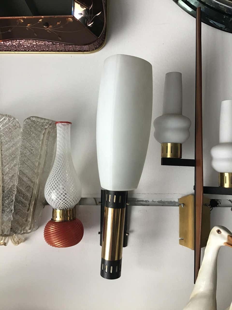 Stilnovo Style Sconces Iron Brass Wood Opaline Glass, 1950, Italy photo for sale