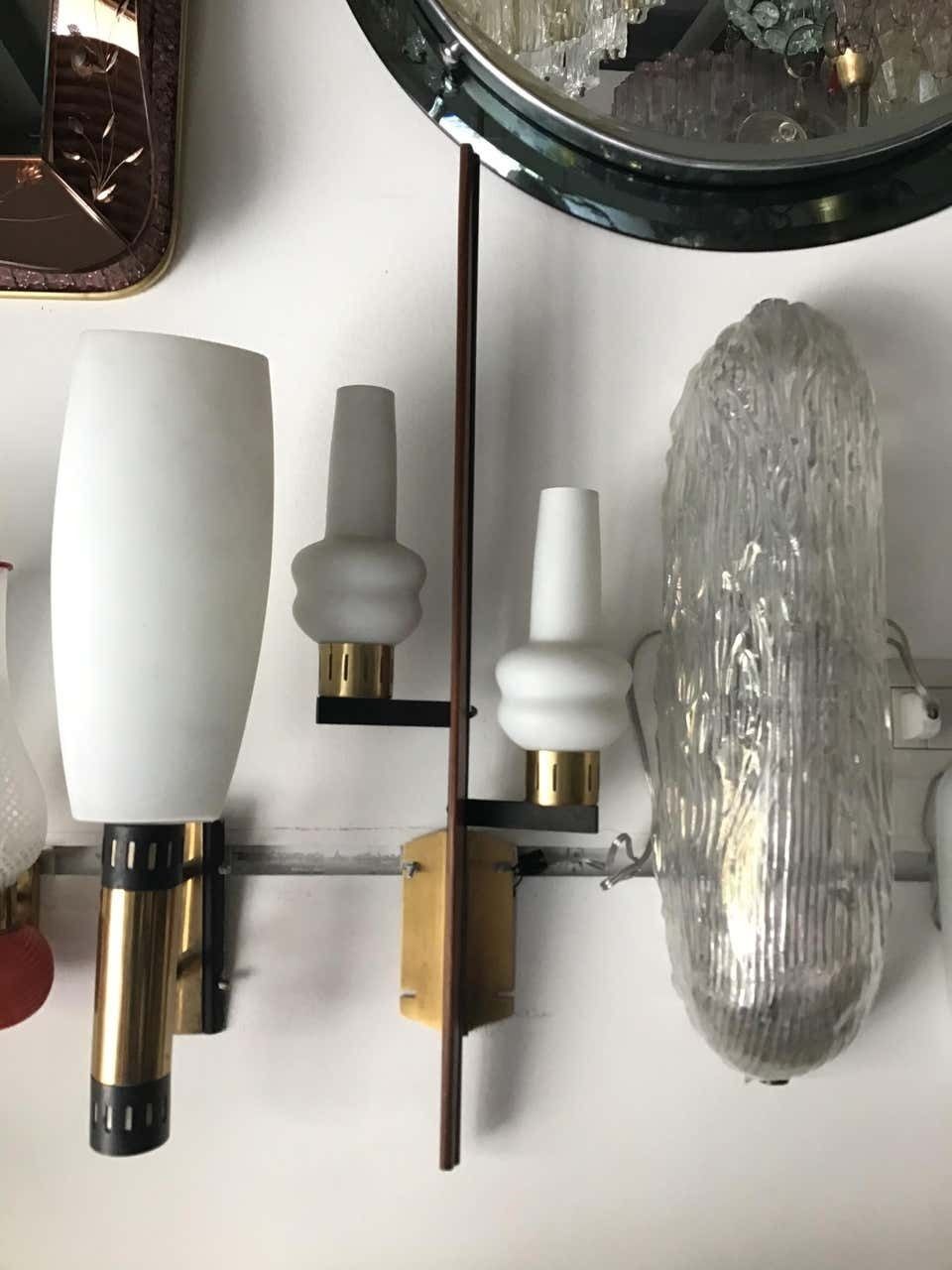 Stilnovo Style Sconces Iron Brass Wood Opaline Glass, 1950, Italy photo 2260.0