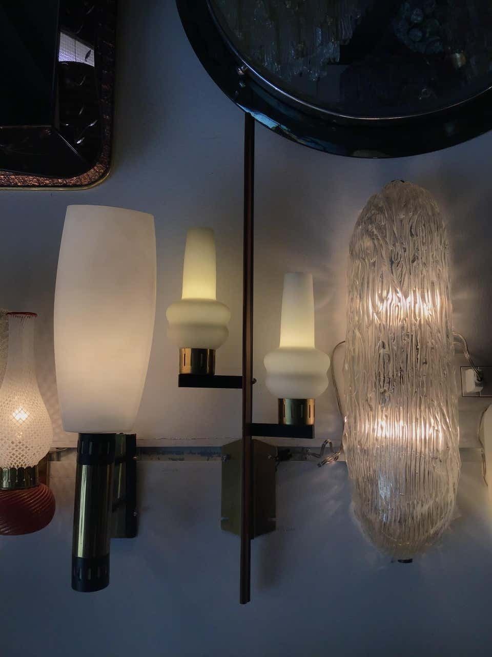 Stilnovo Style Sconces Iron Brass Wood Opaline Glass, 1950, Italy photo vinterior