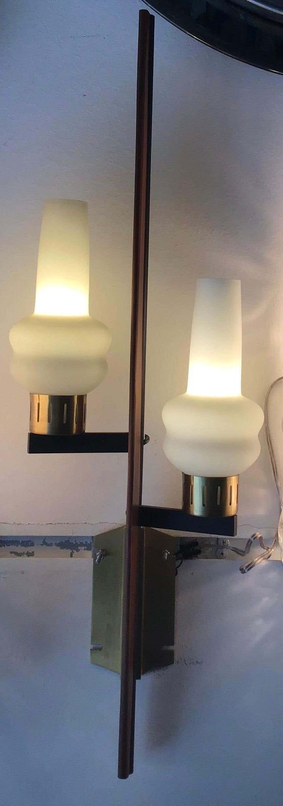 photo furniture Stilnovo Style Sconces Iron Brass Wood Opaline Glass, 1950, Italy