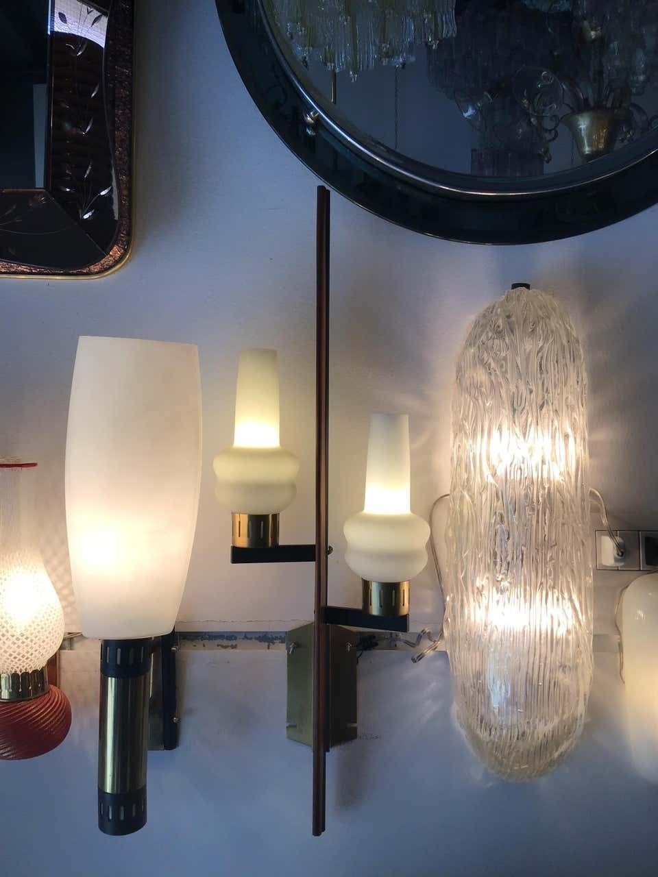 Lighting Stilnovo Style Sconces Iron Brass Wood Opaline Glass, 1950, Italy photo
