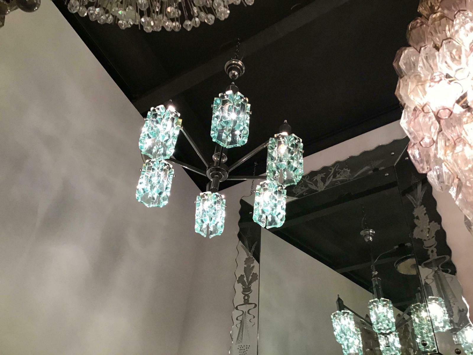 Cristal Arte Chandelier Glass Metal Crome 1950 Italy photo buy