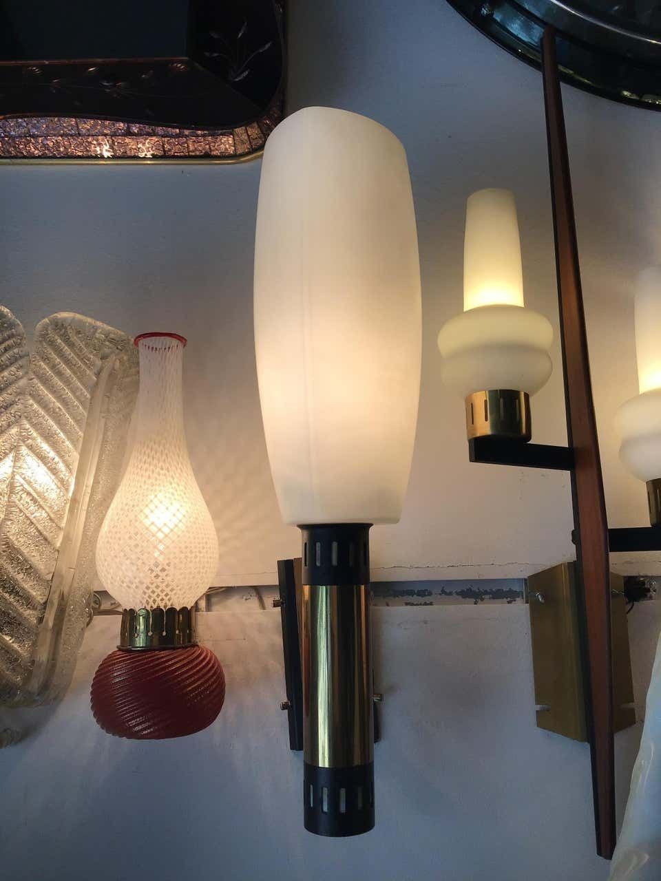 photo for sale Stilnovo Style Appliqués Opaline Glass Iron Brass, 1950, Italy