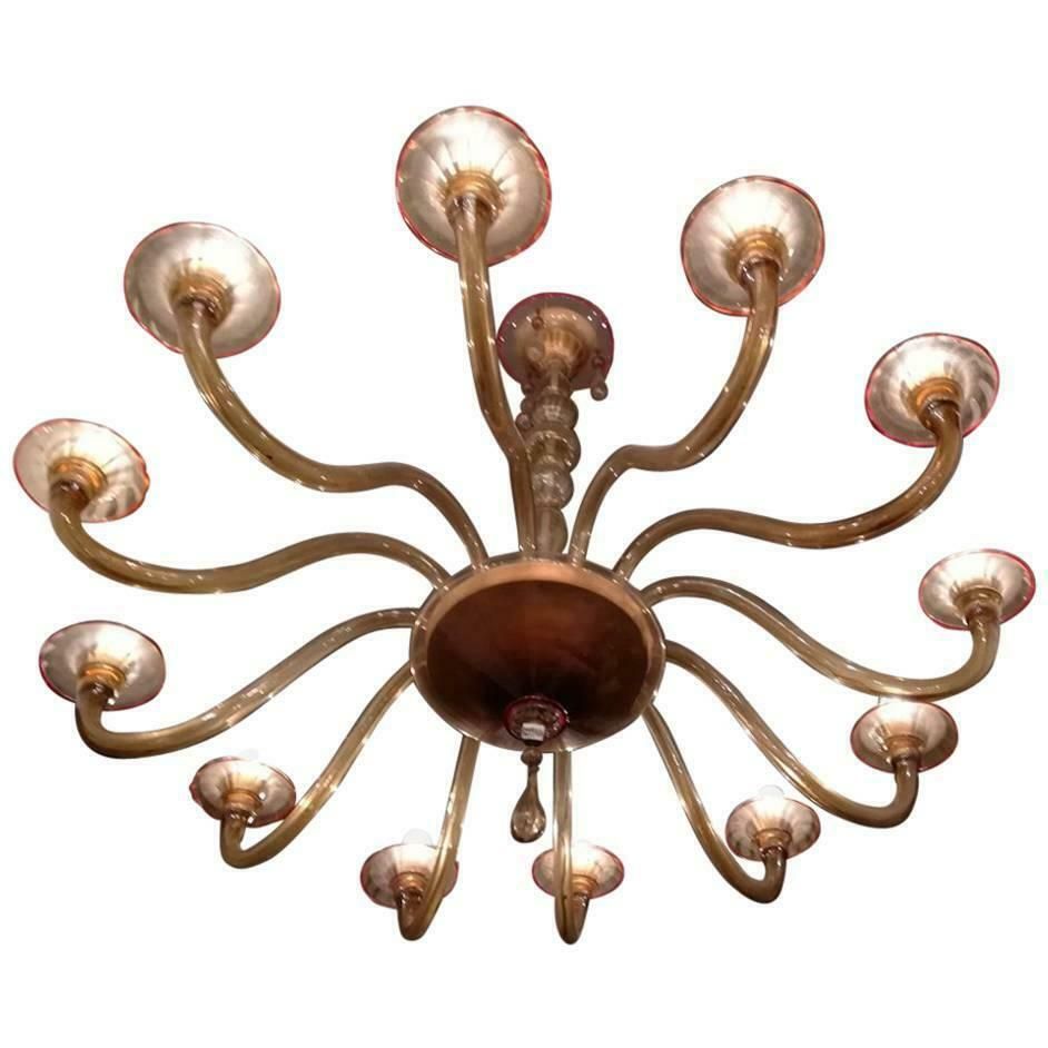 Chandelier Murano 12 Lights 1940, Colour Ambra Red Profiles, Round Shape, Glass