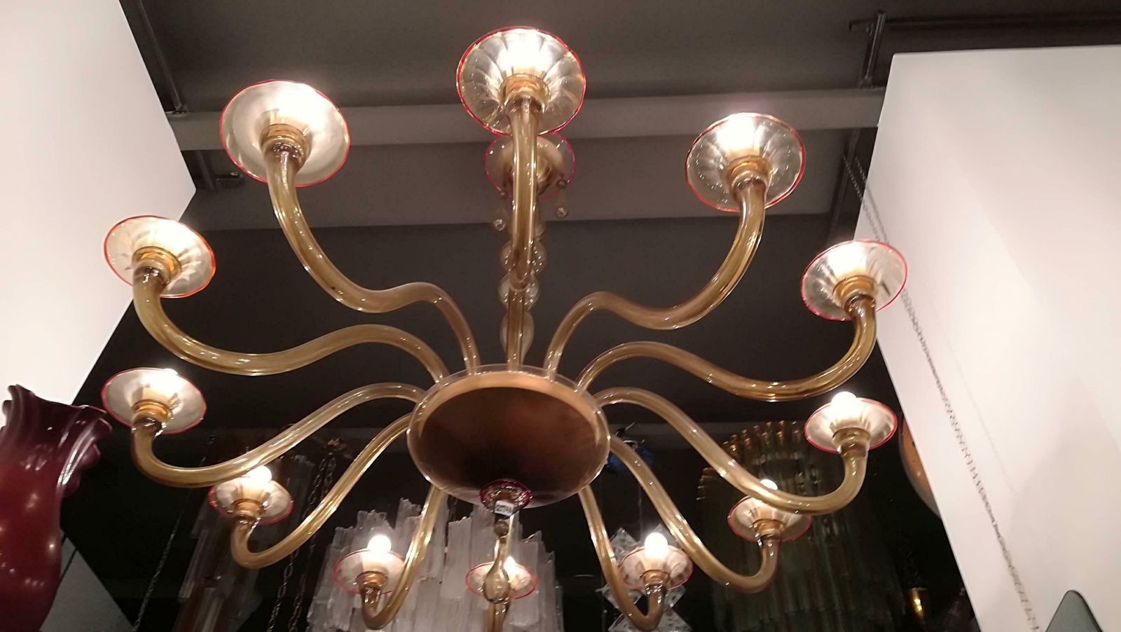 Chandelier Murano 12 Lights 1940, Colour Ambra Red Profiles, Round Shape, Glass photo furniture