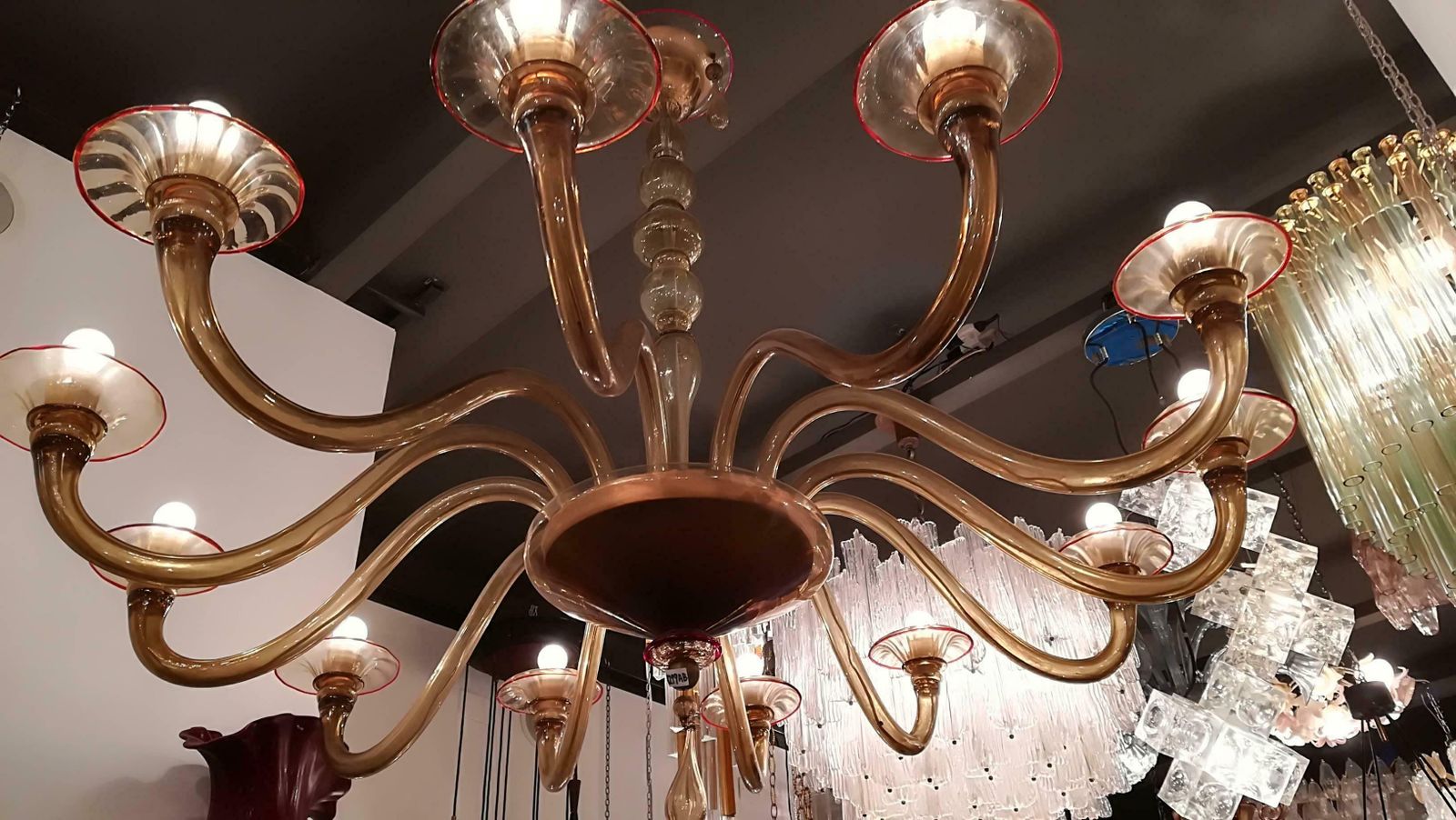 Chandelier Murano 12 Lights 1940, Colour Ambra Red Profiles, Round Shape, Glass photo vintage
