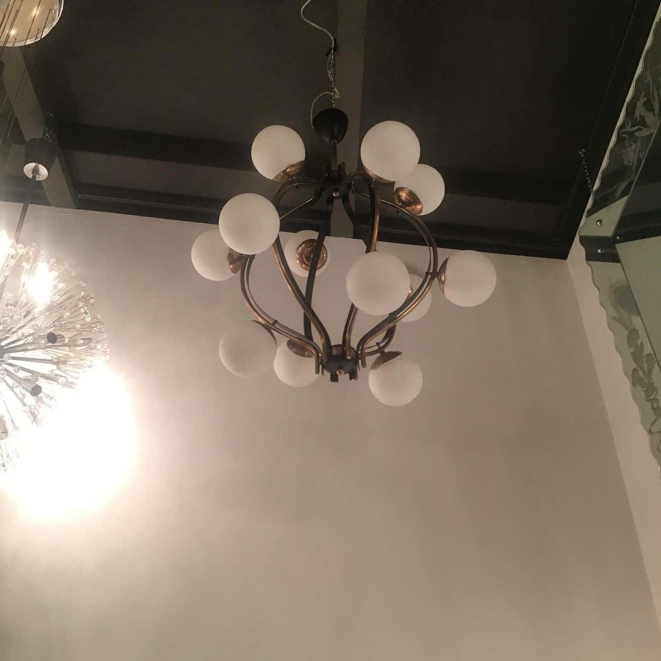 Couple Chandeliers Stilnovo 1955 Brass Glass Iron Italy photo 13561.0