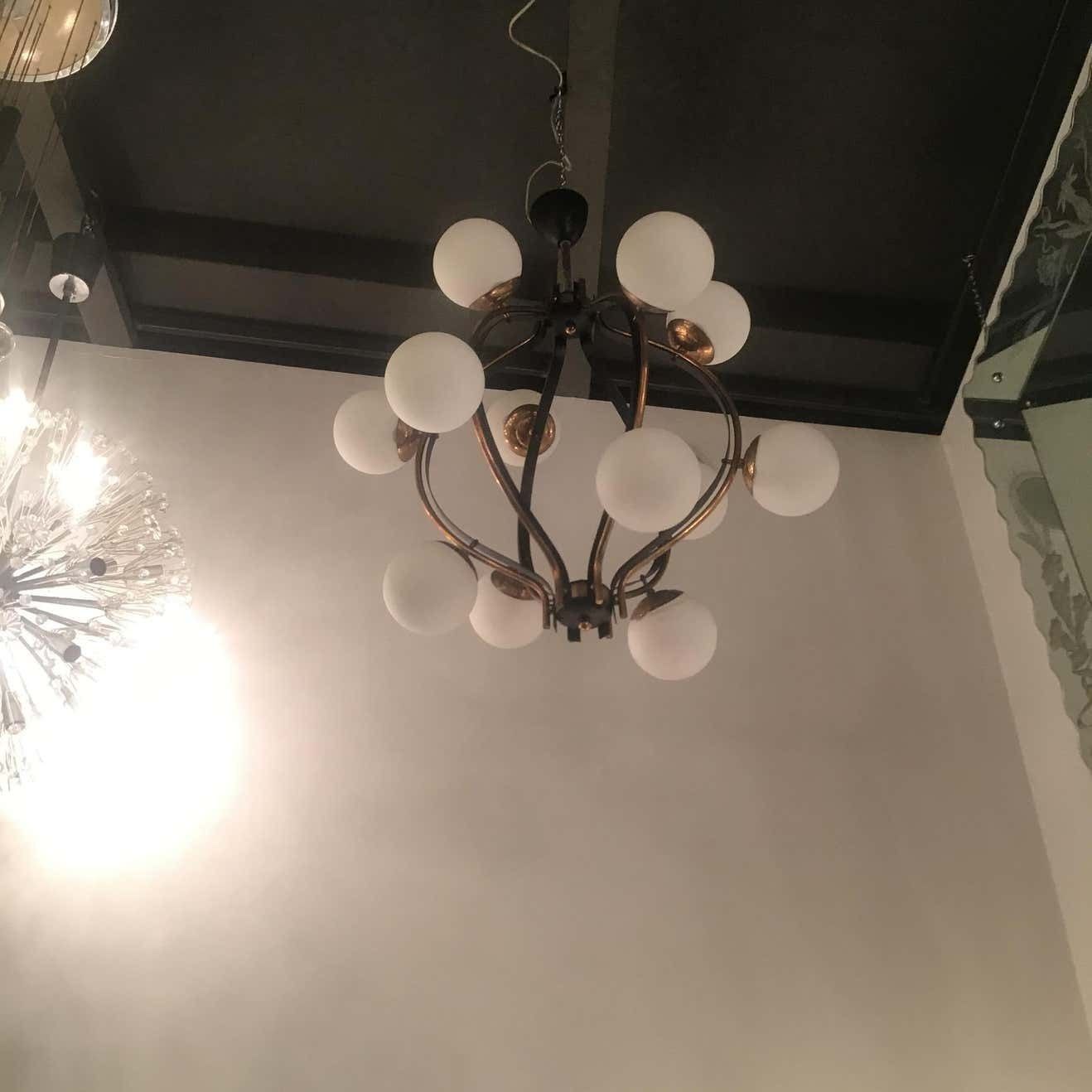 Couple Chandeliers Stilnovo 1955 Brass Glass Iron Italy photo vinterior