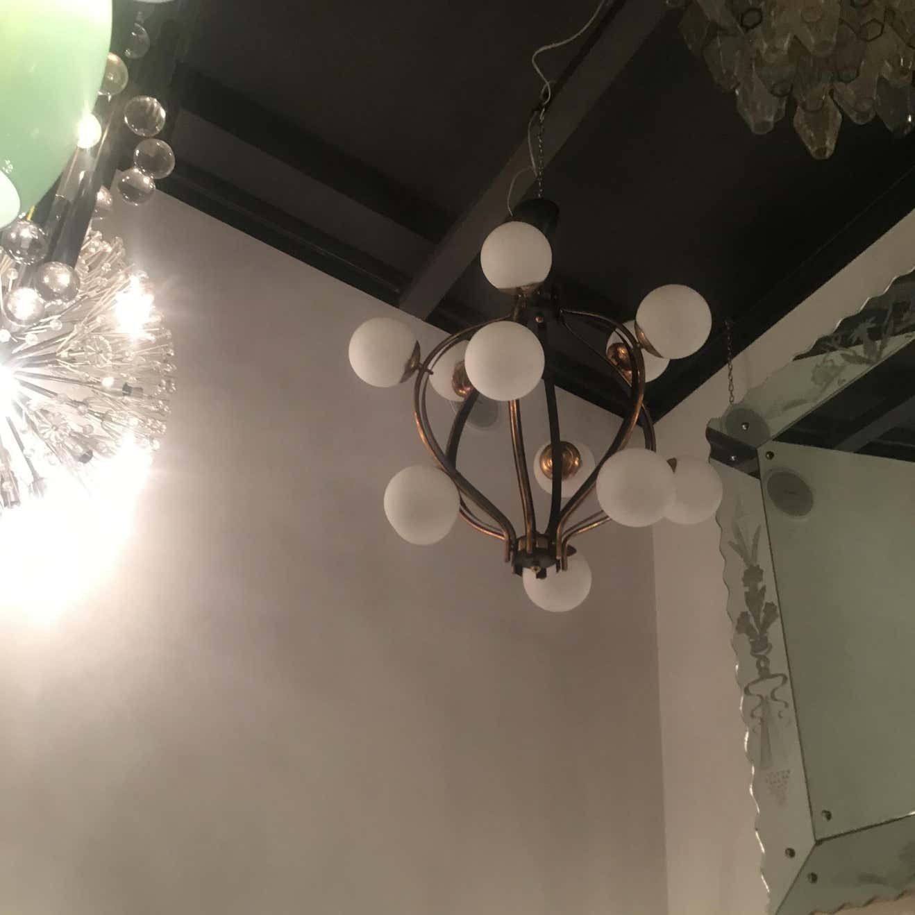 Couple Chandeliers Stilnovo 1955 Brass Glass Iron Italy photo buy