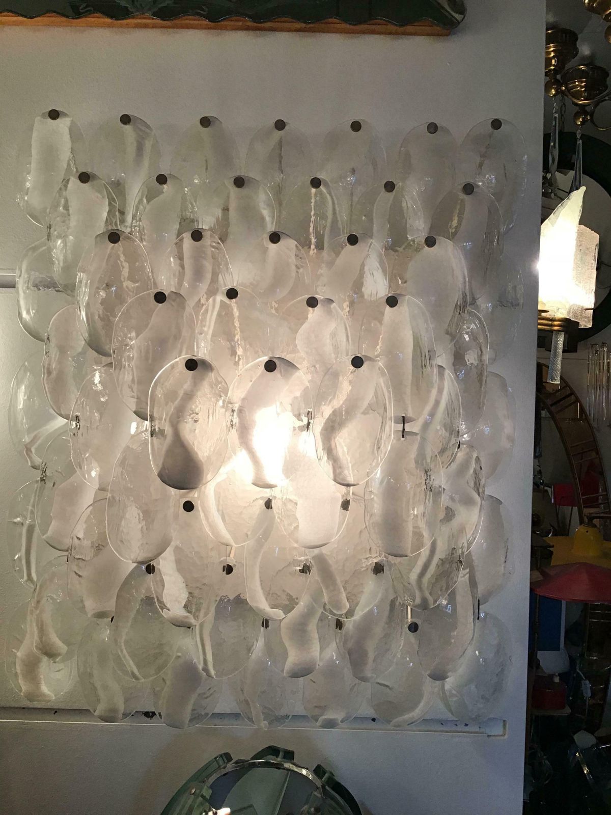 Mazzega Wall Light 1960, Murano Glass Iridescent White Transparent And Metal photo furniture