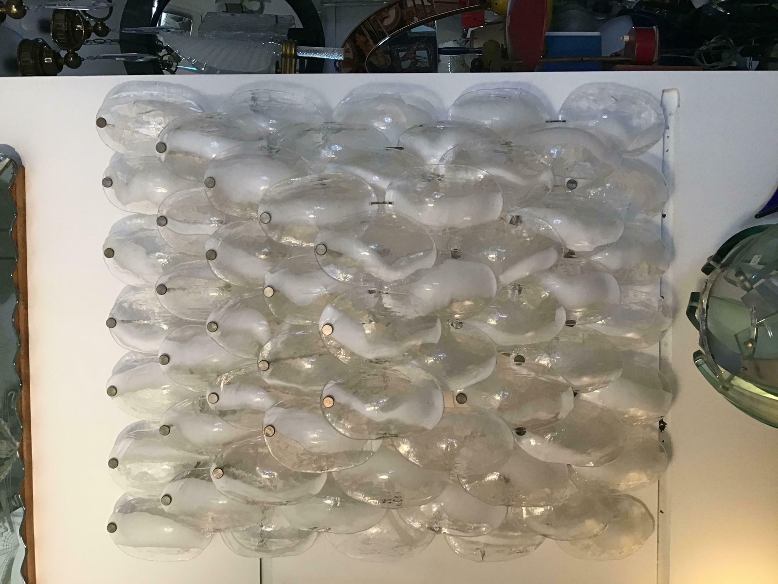 photo for sale Mazzega Wall Light 1960, Murano Glass Iridescent White Transparent And Metal