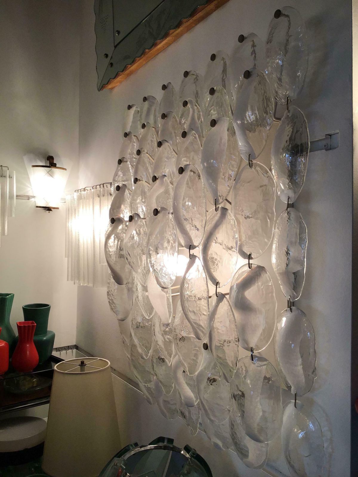 photo vintage Mazzega Wall Light 1960, Murano Glass Iridescent White Transparent And Metal