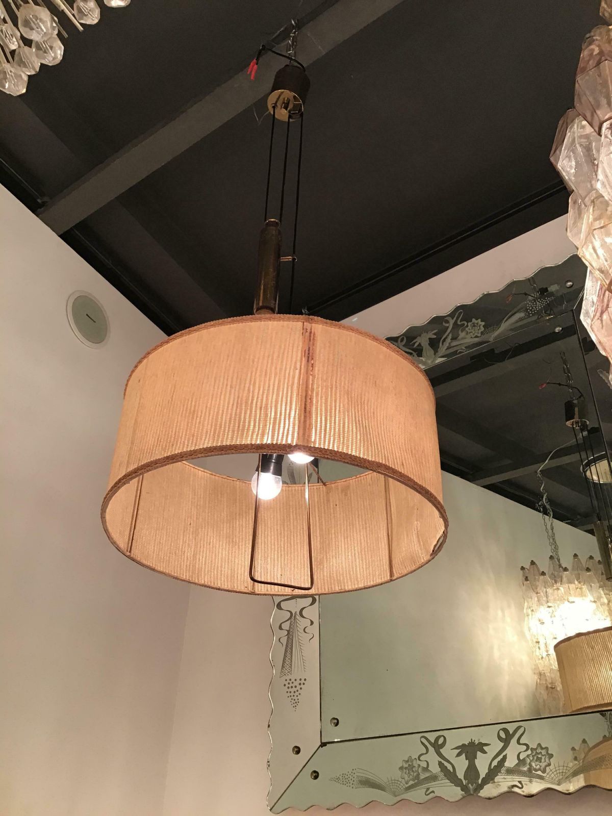 Stilnovo Style Chandelier Adjustable Latch, Brass Fabric Lampshade, 1950, Italy photo 2260.0