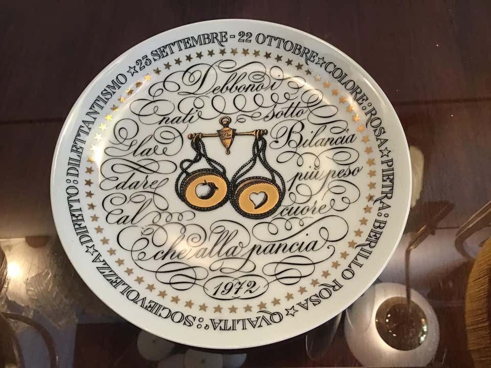 Piero Fornasetti Plate Libra Zodiac Sign Porcelain 1972, Italy photo for sale