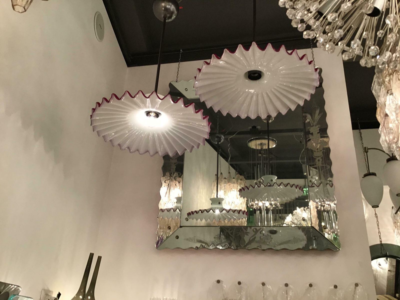 Venini “Toni Zuccheri" Couple Chandelier Murano Glass Brass, 1960, Italy photo for sale