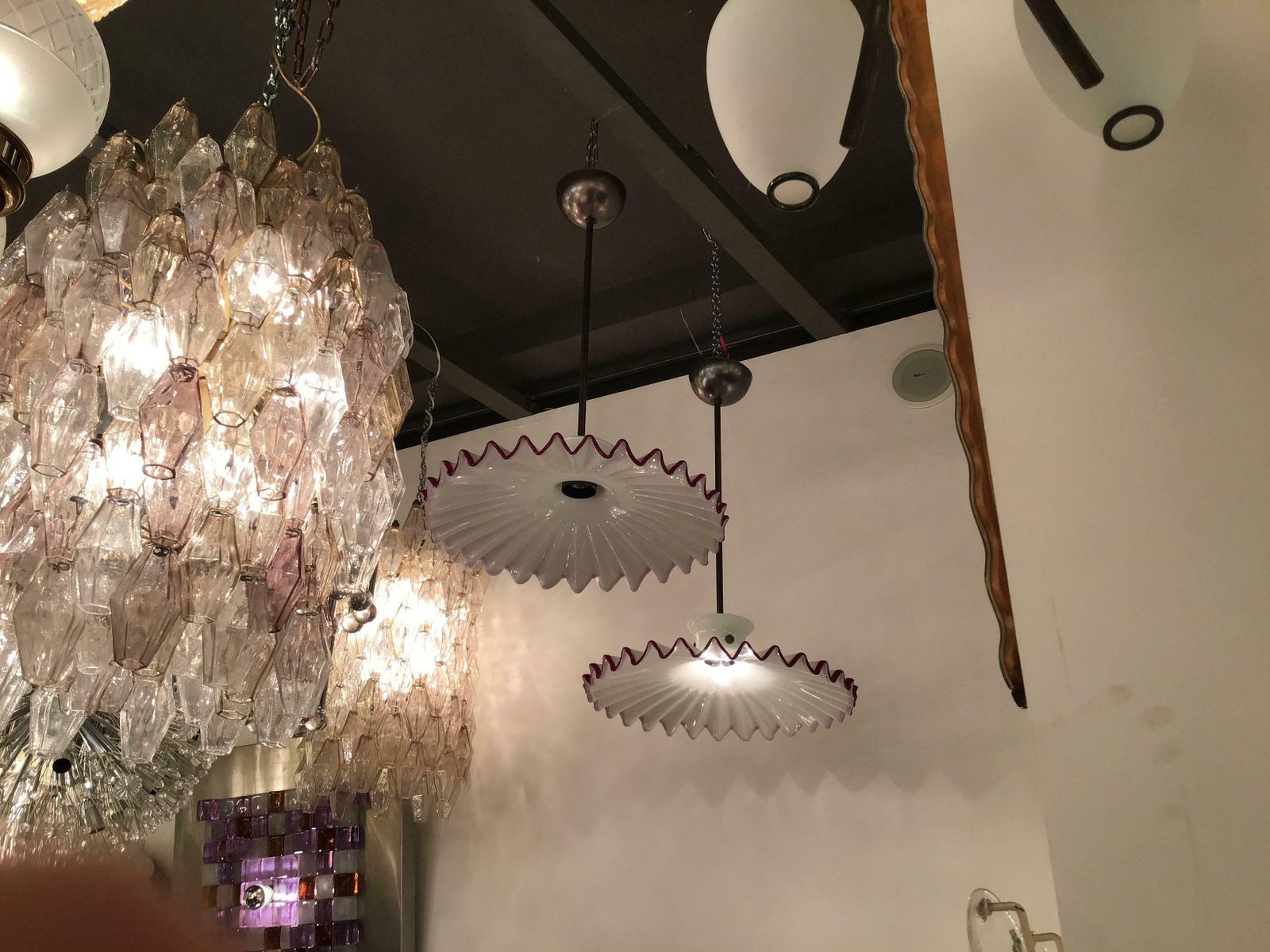 photo for sale Venini “Toni Zuccheri" Couple Chandelier Murano Glass Brass, 1960, Italy