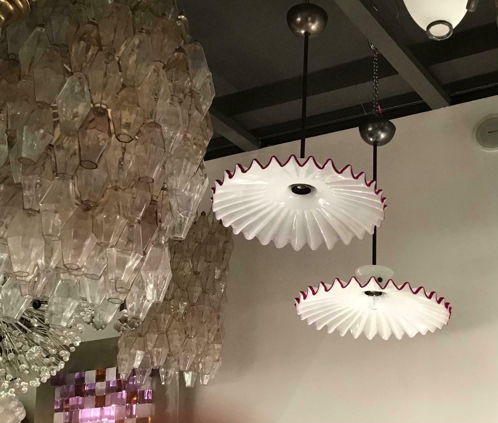 6329.0 Venini “Toni Zuccheri" Couple Chandelier Murano Glass Brass, 1960, Italy photo