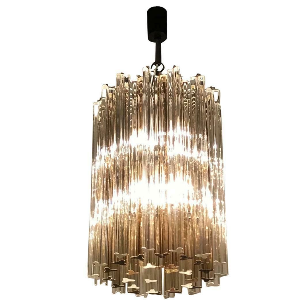 Venini Chandelier “Triedi” Murano Glass Metal Crome Iron, 1960, Italy