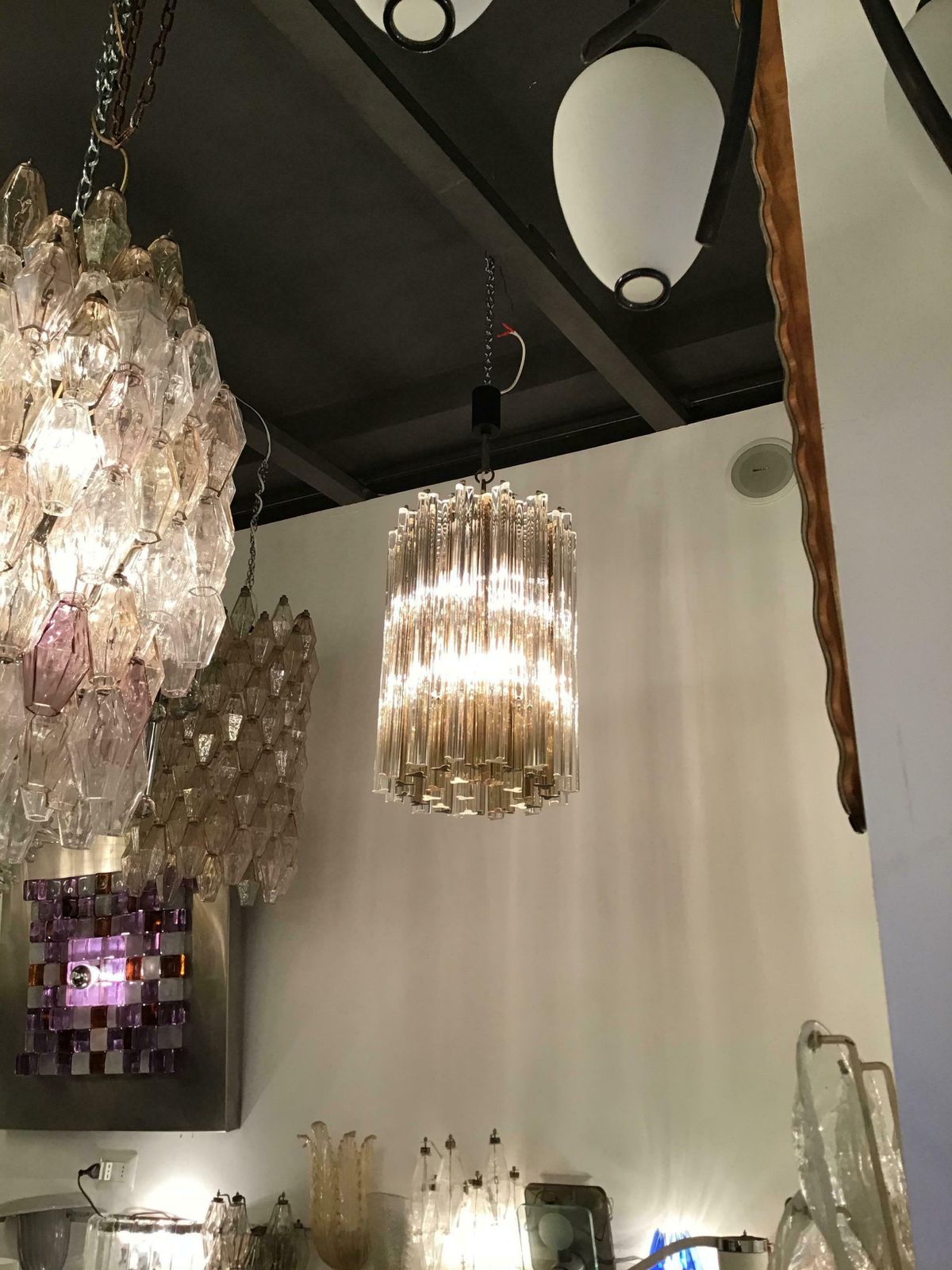 photo for sale Venini Chandelier “Triedi” Murano Glass Metal Crome Iron, 1960, Italy