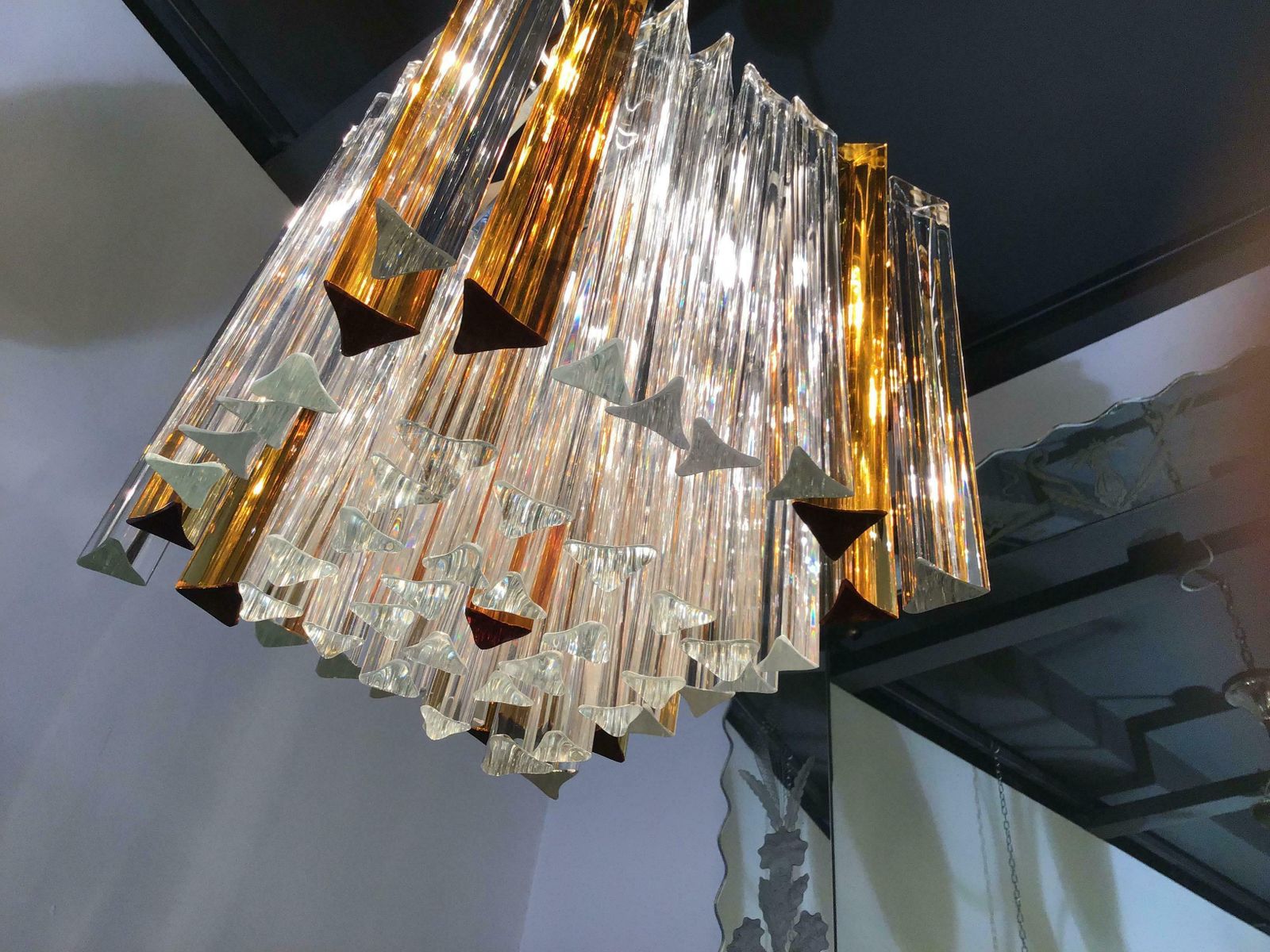 Venini Triedi White Gold Yellow Murano Glass Brass Chandelier, Italian, 1960 photo vinterior
