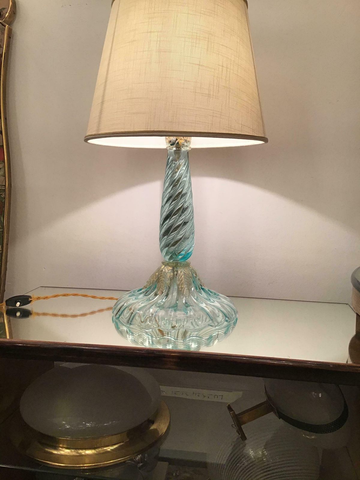 Seguso Table Lamp Murano Glass Fabric Lampshade, 1940, Italy photo Lighting