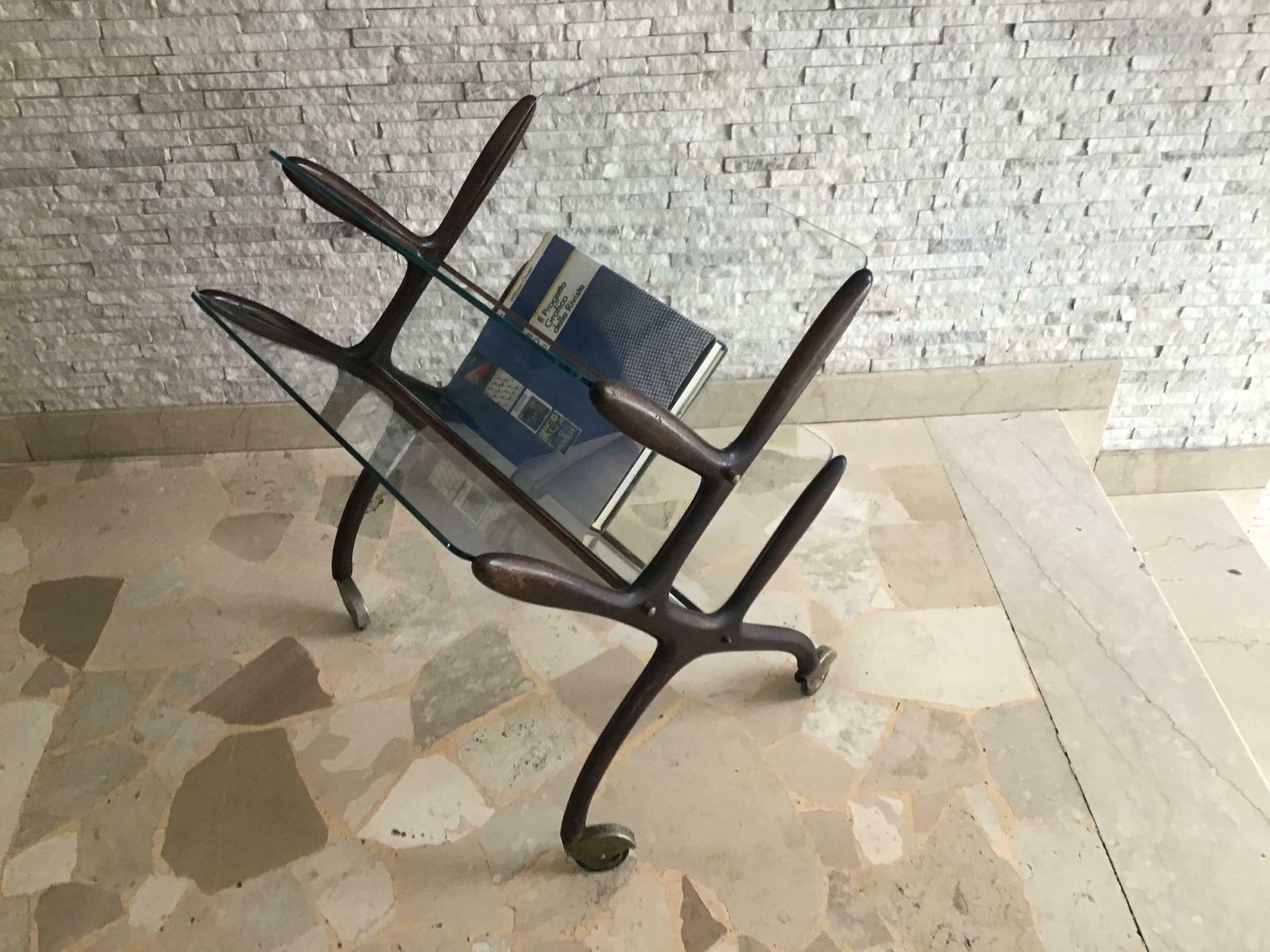 Ico Parisi Magazine Rack Wood Glass Brass 1950 Italy photo Home Decor